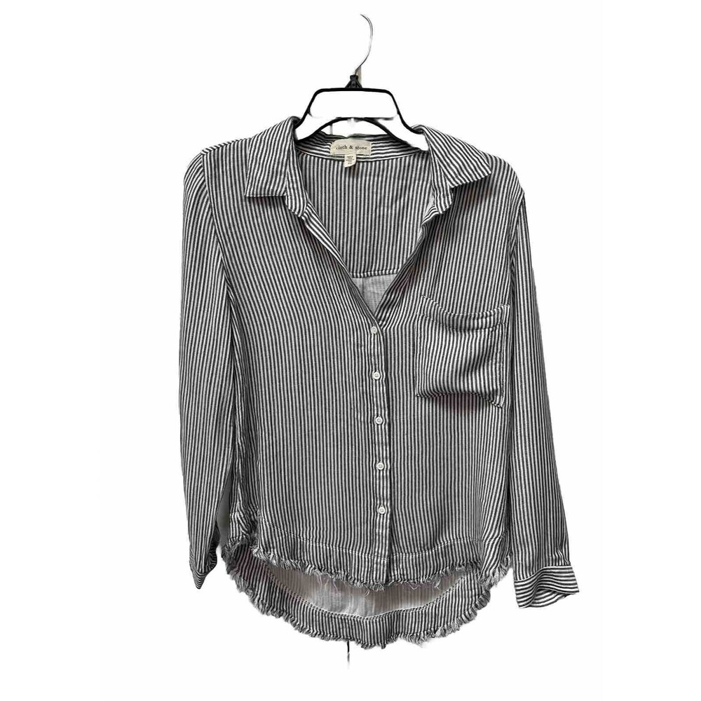 Cloth & Stone Fringe Hem Striped Blouse Womens Sz PS Linen Blend Black White Top